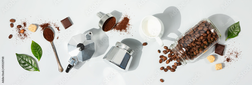 Coffee composition on light grey background with coffee arabica leaves, flat lay - obrazy, fototapety, plakaty 