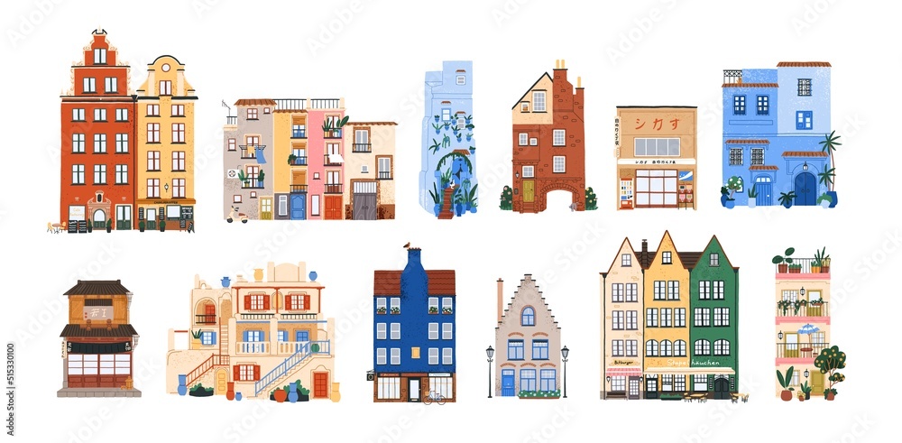 Cute European buildings set. Cozy urban house exteriors of old city in Scandinavia, Holland, Europe, Morocco. Architecture of different countries. Flat vector illustration isolated on white background