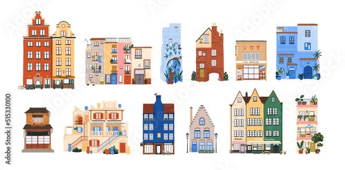 Cute European buildings set. Cozy urban house exteriors of old city in Scandinavia, Holland, Europe, Morocco. Architecture of different countries. Flat vector illustration isolated on white background