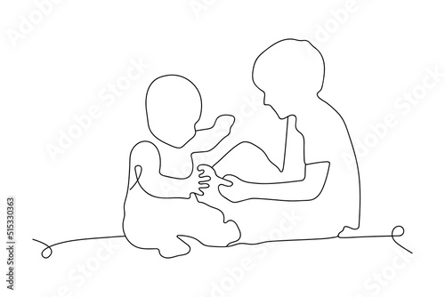 Continuous Line drawing of two playing Children. Fashion one Line design vector illustration.