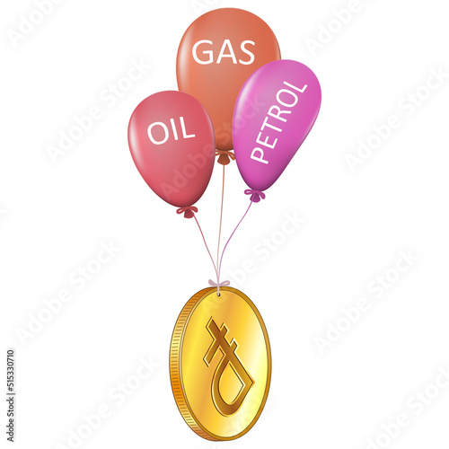 Ruble coin hanging on gas, oil and petrol balloons isolated on white background. Metaphor for supporting the Russian RUB with natural resources.