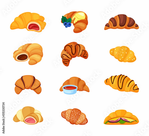 Croissant. tasty bakery products with strawberry and chocolate cream. Vector colored fresh croissant pictures in cartoon style