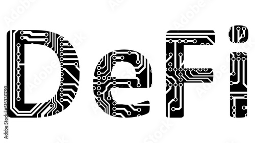 Word Defi decentralized finance perforated with circuit board tracks silhouette isolated on white. Ecosystem of financial applications and services based on public blockchains.
