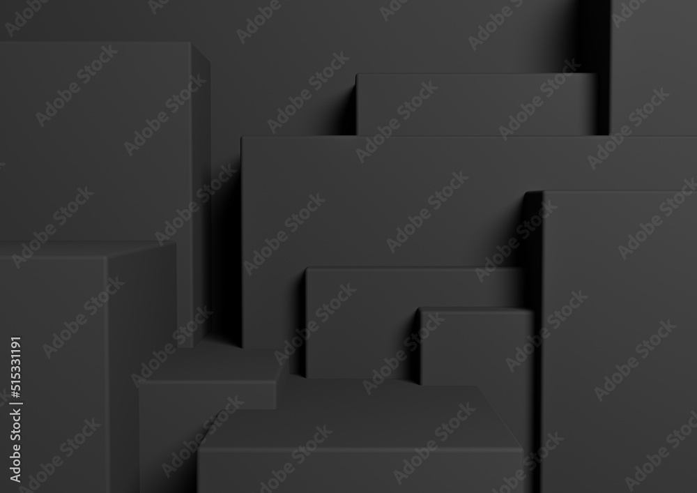 Black, dark gray, black and white 3D rendering product display podium or stand simple, minimal, abstract, asymmetrical background or wallpaper for product photography or advertisement city silhouette