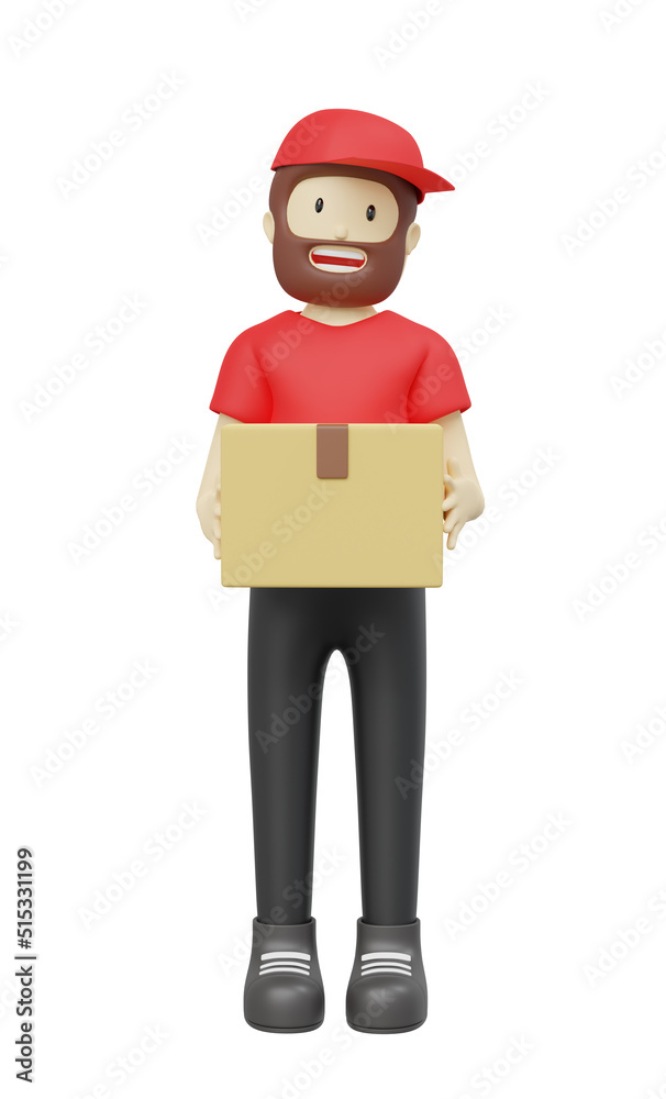 cute delivery 3d beard man employee in red cap blank t-shirt uniform holding a cardboard box isolated on white background with clipping path. 3d illustration render