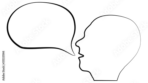 Contour of human head with empty speech bubble from mouth isolated on white background. Design element.