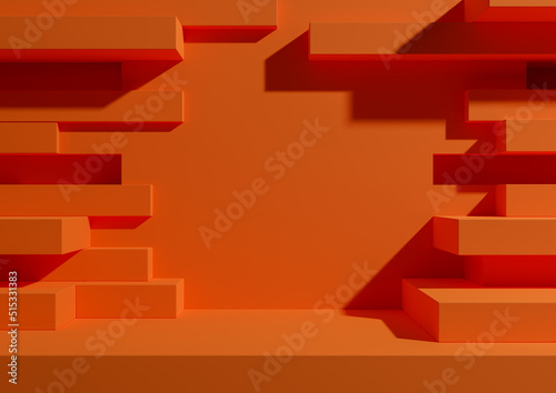 Neon orange  bright red 3D rendering product display podium stand with abstract brick wall portal for product photography minimal  simple  geometric background wallpaper  for luxury grunge products