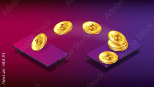 Two smartphones isometric and flying bitcoins from one to the other on purple background. The concept of transferring BTC through the phone p2p. Vector illustration.
