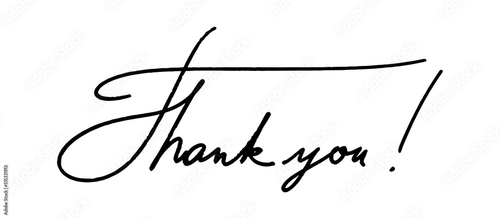 Thank you word with an exclamation point. Written in a free hand. The handwriting is black on white. Vector illustration of gratitude isolated. Thank you word with an exclamation point. Written in a free hand. The handwriting is black on white. Vector illustration of gratitude isolated.