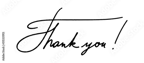 Thank you word with an exclamation point. Written in a free hand. The handwriting is black on white. Vector illustration of gratitude isolated. photo