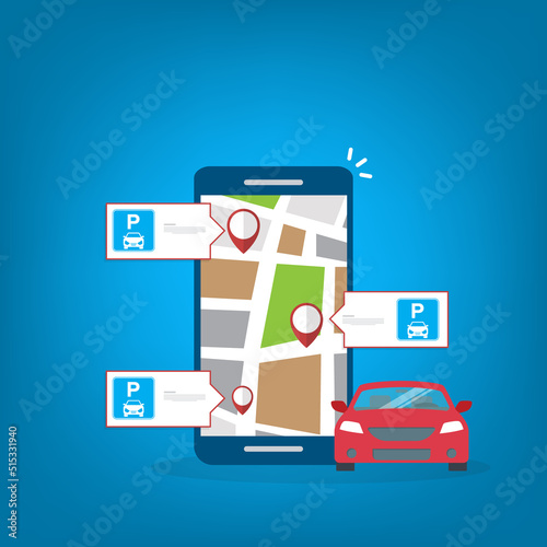 Online application for finding parking spaces, city parking. Smart city parking mobile app concept. Urban traffic technology.