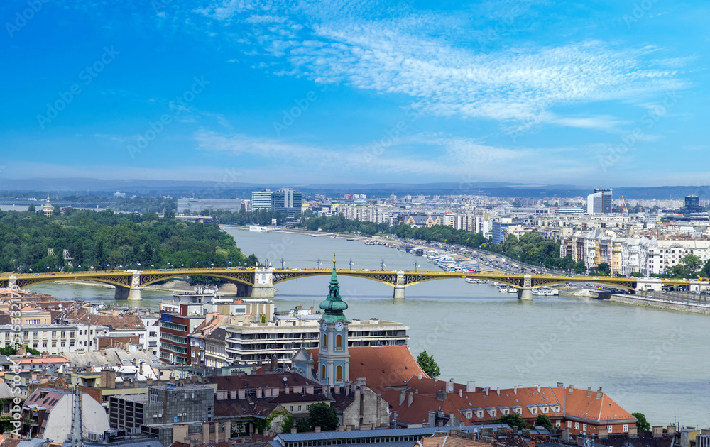 Hungary, panoramic view and city skyline of Budapest historic center and bridges crossing Danube River.