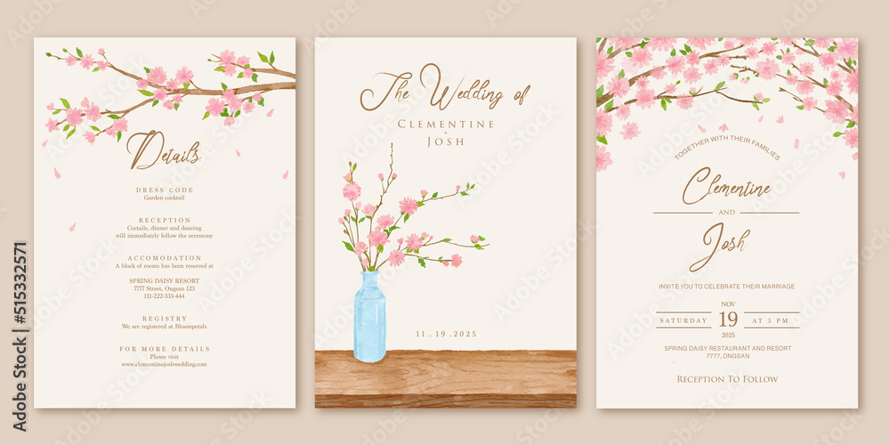 Set of wedding invitation with cherry blossom pink flowers tree branches background