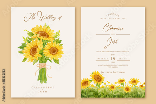 Hand drawn sun flowers hand bouquet landscape set wedding invitation template