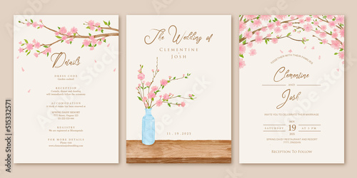 Set of wedding invitation with cherry blossom pink flowers tree branches background