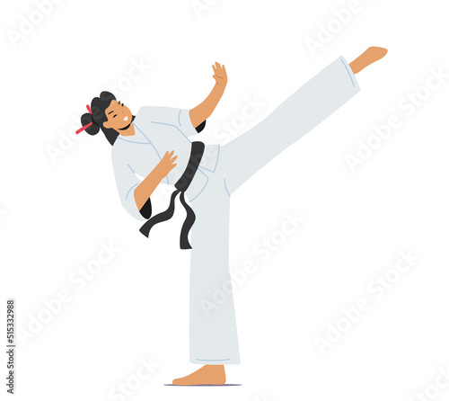 Karateka Female Character Stand with Raised Leg. Karate Woman Fighter In Kimono, Japan Traditional Martial Arts