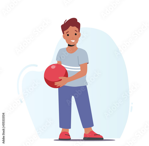 Happy Little Boy Character Wearing Casual Clothing Holding Bowling Ball Prepare to Hit Perfect Strike in Alley
