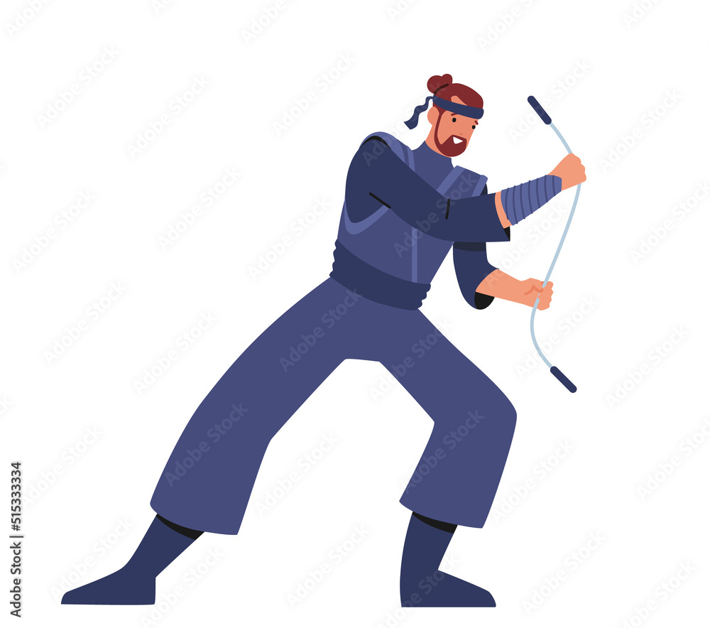 Young Man Wearing Blue Uniform Presenting Fight with Nunchaku. Isolated Sportsman Character Fighting Combat