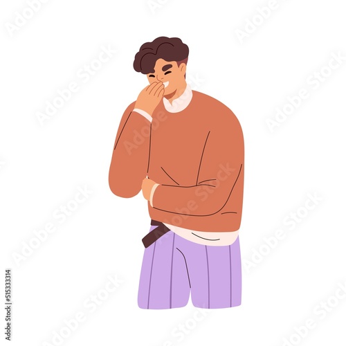 Happy man laughing, giggling from funny joke. Modest shy laughter, fun of person covering mouth with palm hand. Jolly positive face expression. Flat vector illustration isolated on white background