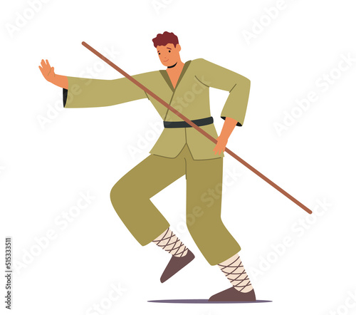 Bojutsu Fighter Male Character Fight with Long Stick Isolated on White Background. Martial Arts Training Action, Defense