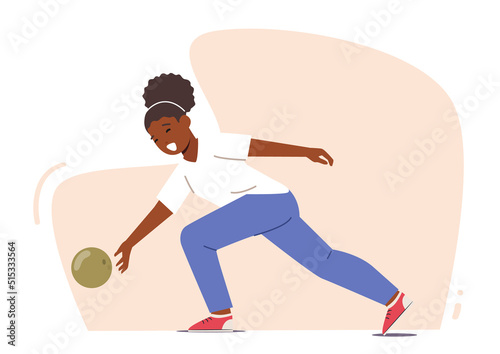 Kid Character Playing Bowling, Little African Girl Wearing Shoes Spend Time in Bowling Club on Weekend, RelaxSparetime