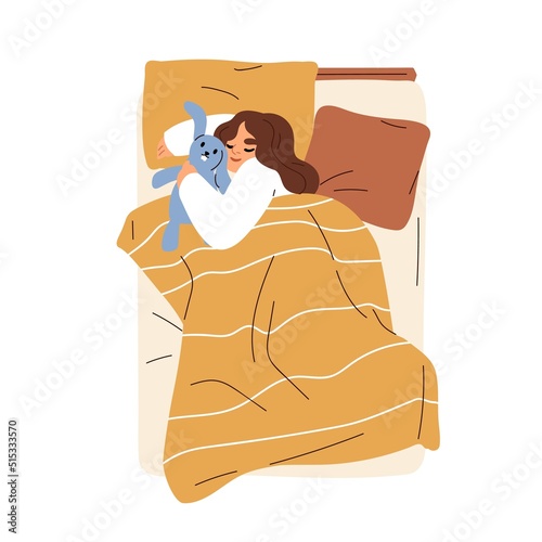 Child sleeping, hugging plush stuffed toy. Sleepy kid lying in bed, holding bunny. Happy smiling girl asleep under blanket, top view. Flat graphic vector illustration isolated on white background