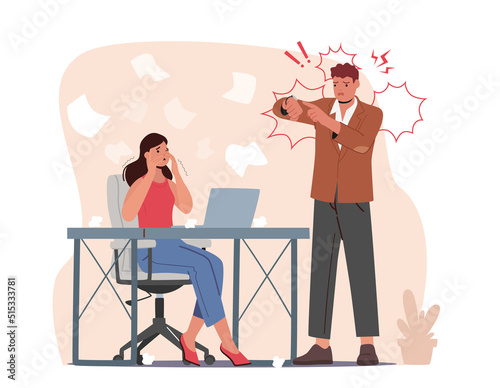 Angry Furious Boss Characters Show on Wrist Watch Scolding and Rebuking Incompetent Female Employee Remind of Deadline