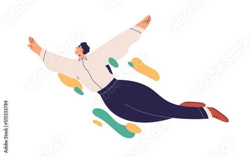 Happy man flying, floating in air. Free flight of carefree employee in fantasies, dreams, imagination. Inspiration, happiness concept. Flat graphic vector illustration isolated on white background