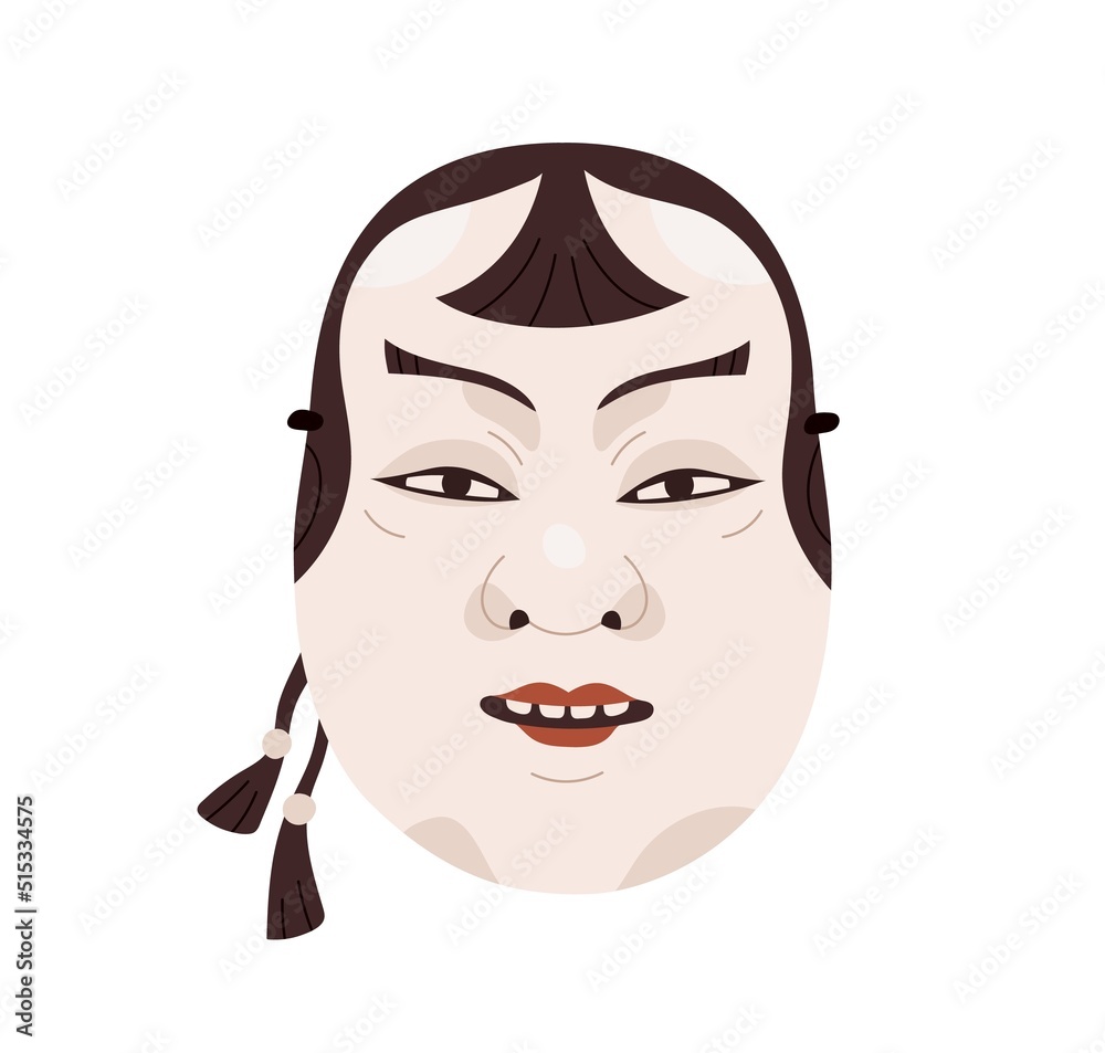 Noh mask of Kasshiki, young Japanese man. Kabuki theater human face with bangs. Theatrical Japan boy head. Oriental Asian folklore. Flat vector illustration isolated on white background