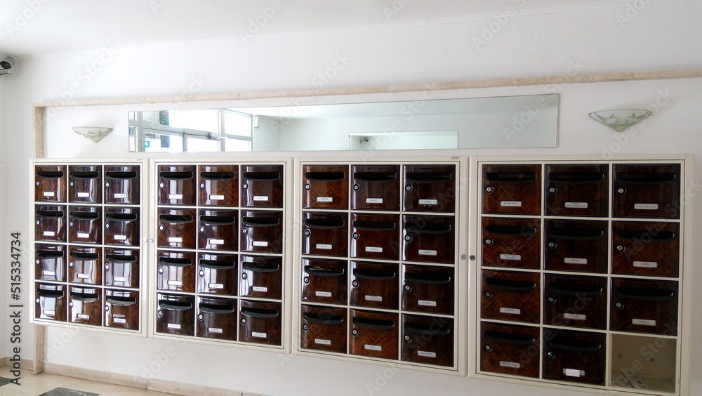 office building interior. interior of a hallway with mailboxes in residential house. interior of an office building.