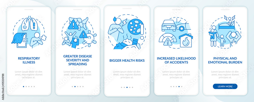 Health effects of overcrowding blue onboarding mobile app screen. Walkthrough 5 steps editable graphic instructions with linear concepts. UI, UX, GUI template. Myriad Pro-Bold, Regular fonts used