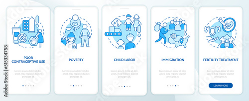 Causes of overpopulation blue onboarding mobile app screen. Reasons walkthrough 5 steps editable graphic instructions with linear concepts. UI, UX, GUI template. Myriad Pro-Bold, Regular fonts used