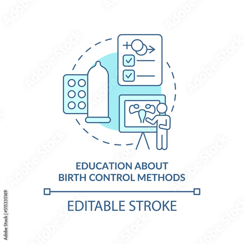 Education about birth control methods turquoise concept icon. Overpopulation abstract idea thin line illustration. Isolated outline drawing. Editable stroke. Arial, Myriad Pro-Bold fonts used