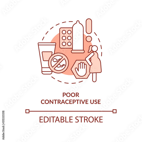 Poor contraceptive use terracotta concept icon. Cause of overpopulation abstract idea thin line illustration. Isolated outline drawing. Editable stroke. Arial, Myriad Pro-Bold fonts used