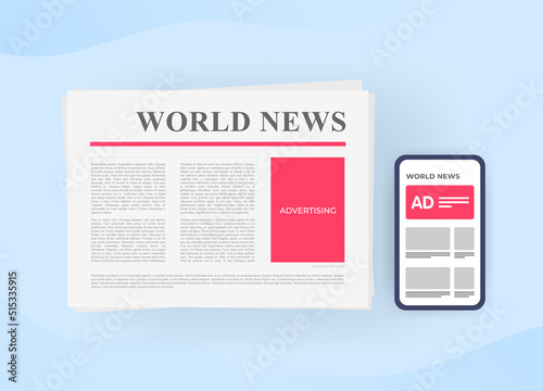 Online marketing ad vs Offline Traditional Advertising concept. Newspaper or news portal in digital and print paper form with space for advertising blocks
