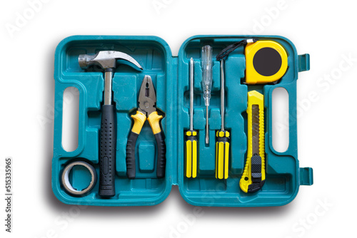 Top view tool box with tape measure,cutter,hammer,screwdriver,pliers and electrical tape.Isolated on white background with clipping path.
