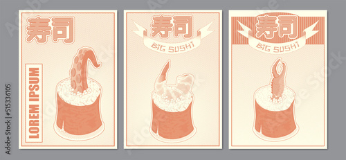 A set of covers in Japanese retro style. The inscription in Japanese is "sushi". Templates for design. Sushi rolls with crab, shrimp and octopus © pal1983
