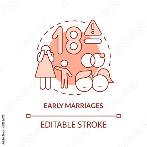 Early marriages terracotta concept icon. Teenagers. Social effect of overcrowding abstract idea thin line illustration. Isolated outline drawing. Editable stroke. Arial, Myriad Pro-Bold fonts used