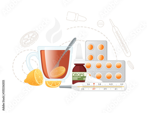 Hot tea with lemon in glass cup with nasal drops tablets and thermometer for home remedies treatment against cold disease vector illustration on white background