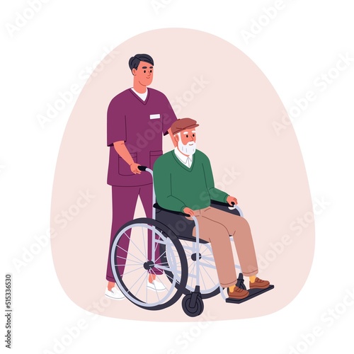 Old person with disability in wheelchair. Nurse, caregiver helping elderly senior disabled man. Social worker caring about aged human. Flat graphic vector illustration isolated on white background