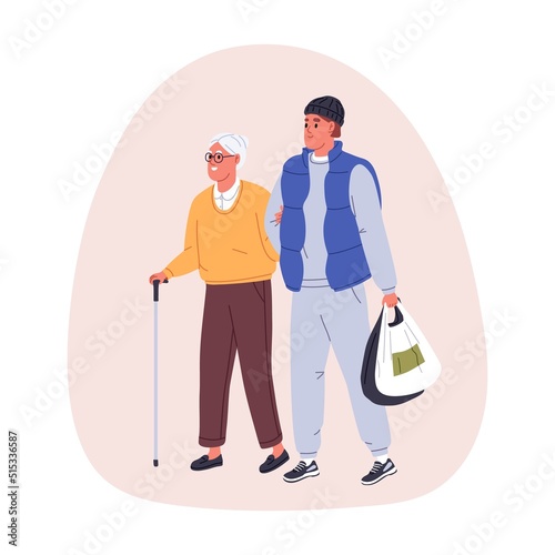 Young person volunteer helping senior old woman, carrying her shopping bags with groceries. Charitable care for elderly lady, grandma with cane. Flat vector illustration isolated on white background