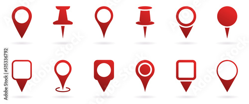 Red Location Pins Sign. Set of Marker Point on Map, Place Location Pictogram. Pointer Navigation Symbol. Red GPS Tag Collection. Thumbtack Sign. Isolated Vector Illustration