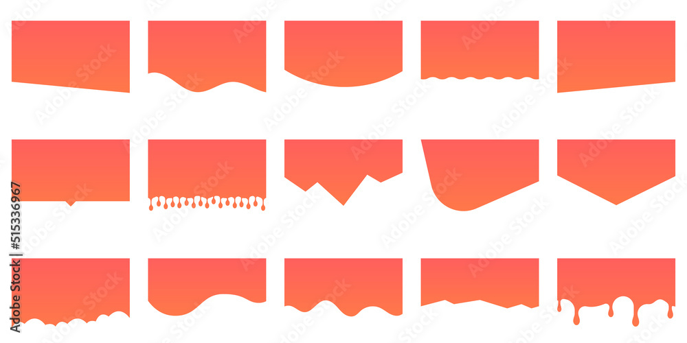 Set of Dividers Shapes for Website. Curve Orange Lines, Drops, Wave Collection of Abstract Design Element for Top, Bottom Page Web Site. Isolated Vector Illustration