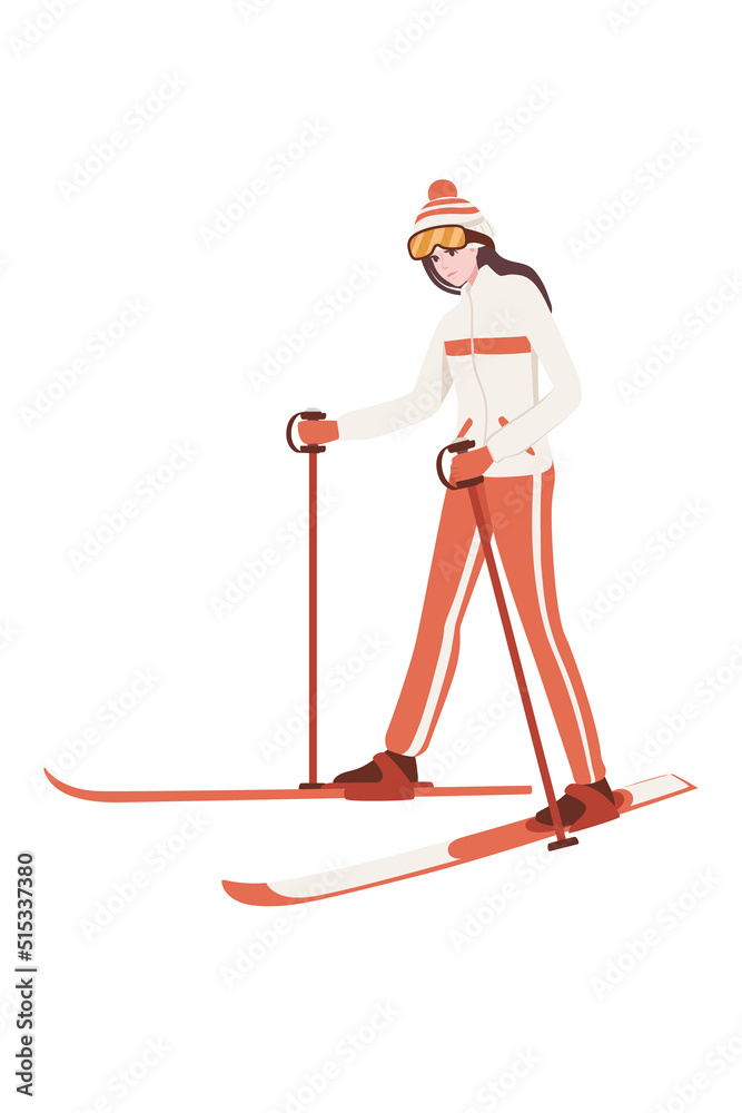 Fototapeta premium Female skier standing still with red ski and sticks and winter jacket cartoon character design vector illustration on white background
