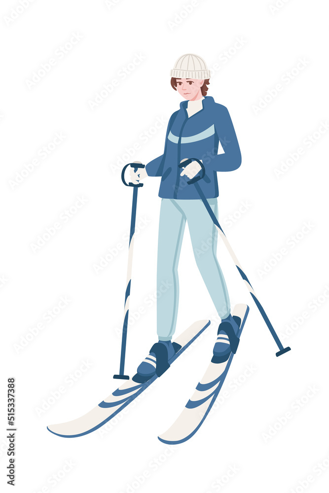 Female skier standing still with blue ski and sticks and winter jacket cartoon character design vector illustration on white background
