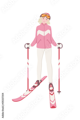 Female skier standing still with pink ski and sticks and winter jacket cartoon character design vector illustration on white background