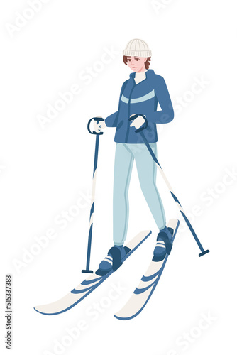 Female skier standing still with blue ski and sticks and winter jacket cartoon character design vector illustration on white background