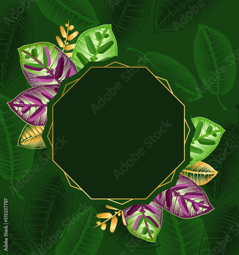 Green tropical leaves on dark background. Exotic botanical design for cosmetics, spa, perfume, beauty salon, travel agency, florist shop. Best as wedding invitation cards