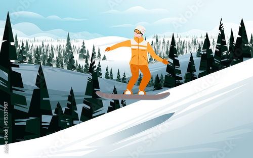 A snowboarder is speeding down a mountain on a snowboard vector illustration with snowy mountain with evergreen forest landscape