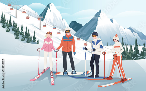 Group of skiers and snowboarder staying still on ground vector illustration with snowy mountain with evergreen forest landscape